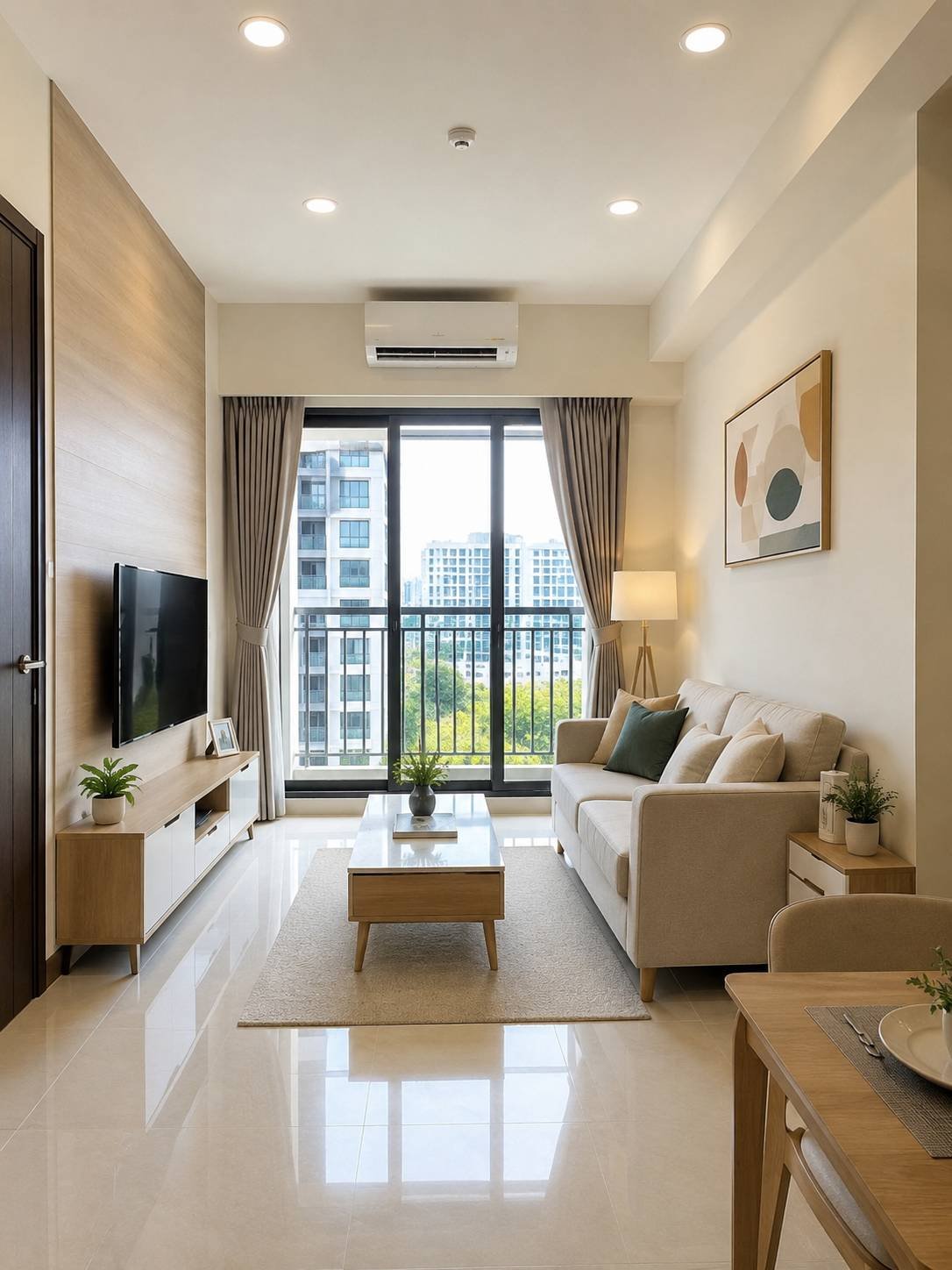現代風住宅客廳實景，落地窗自然採光與開放式客餐廳配置